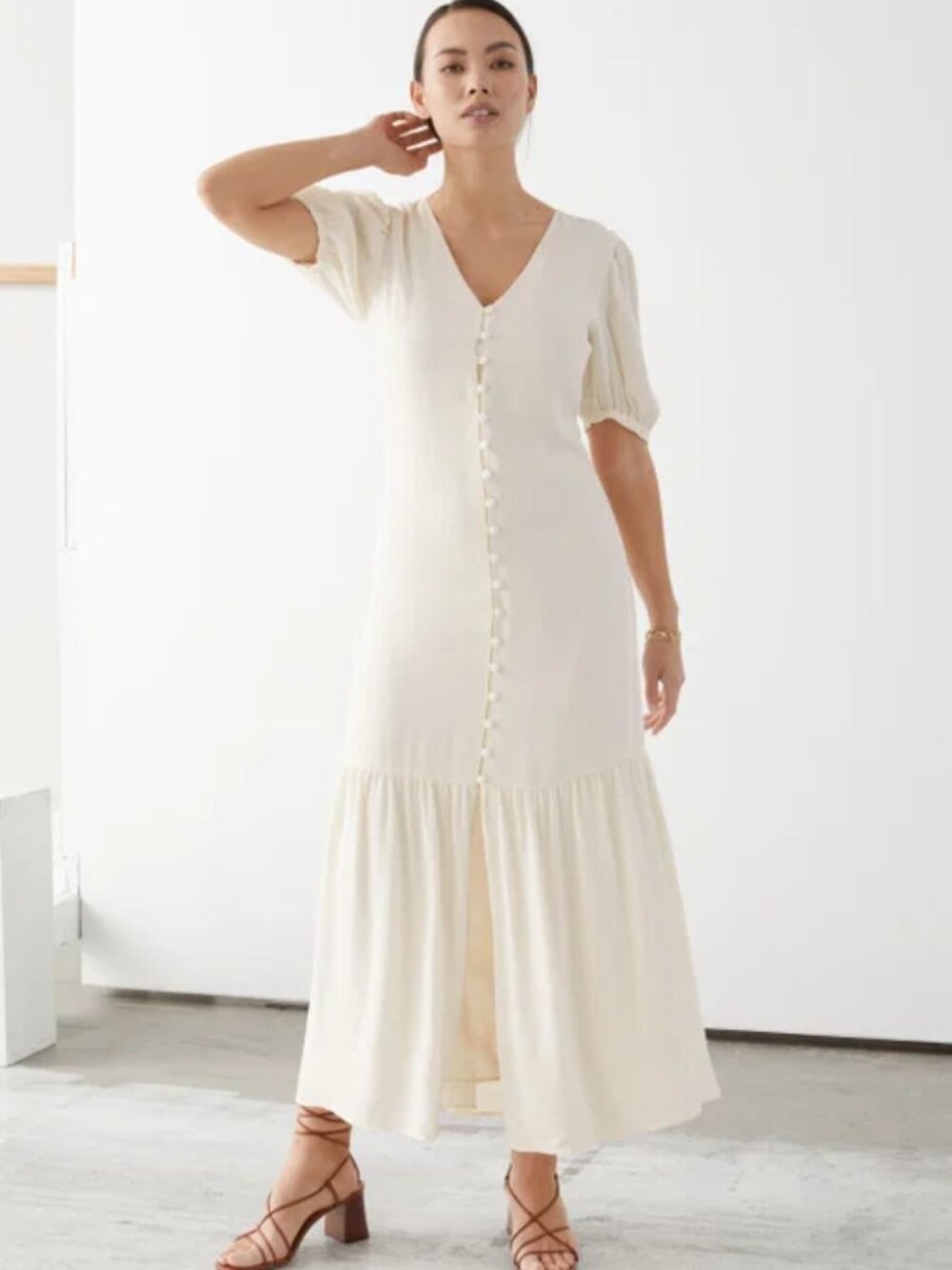 & Other Stories Puff Sleeve Button-Through Maxi Dress in Egret